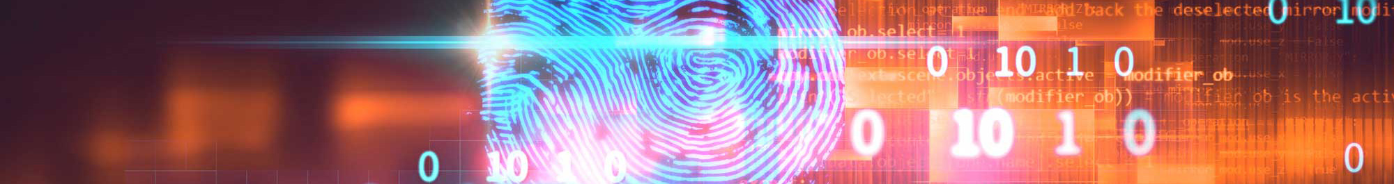 collage with binary numbers, computer keys, and a fingerprint